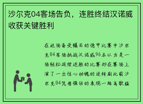 沙尔克04客场告负，连胜终结汉诺威收获关键胜利